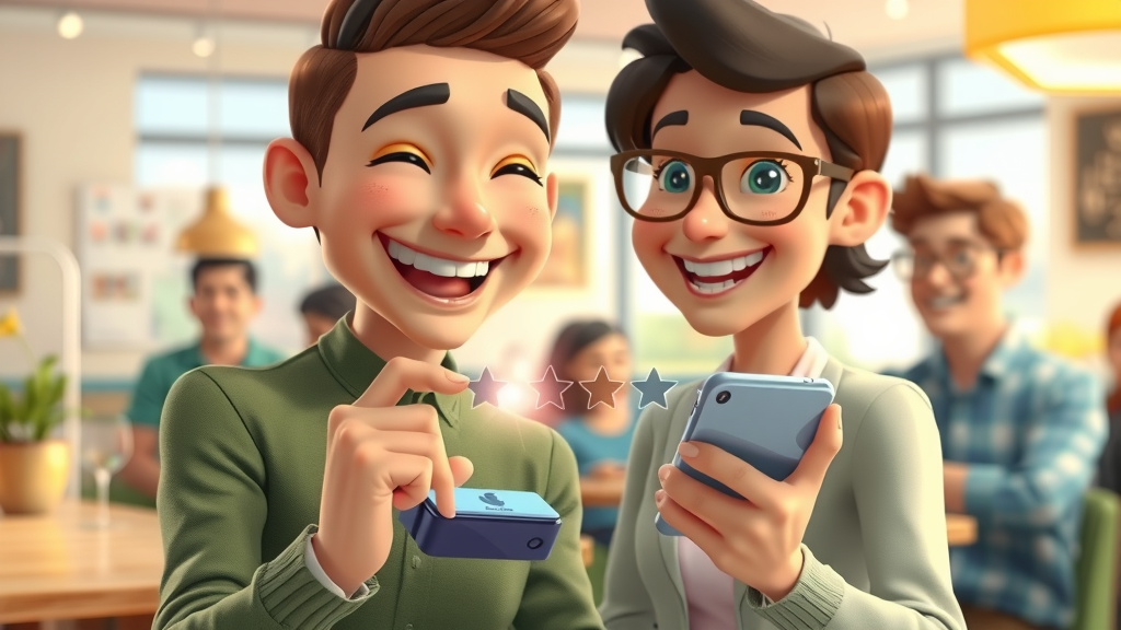 business reputation marketing engaged customer leaving positive review smartphone five-star rating cafe