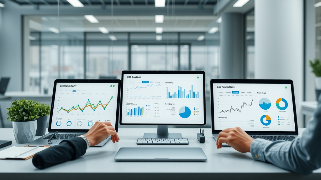 Sleek tabletop display of top-rated B2B lead generation software and dashboards for qualified leads.