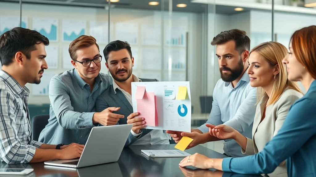 B2B team auditing reputation strategy, reviewing review statistics in a glass-walled meeting room