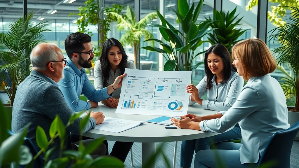 B2B sales team collaboratively reviewing sales pipeline management flowchart