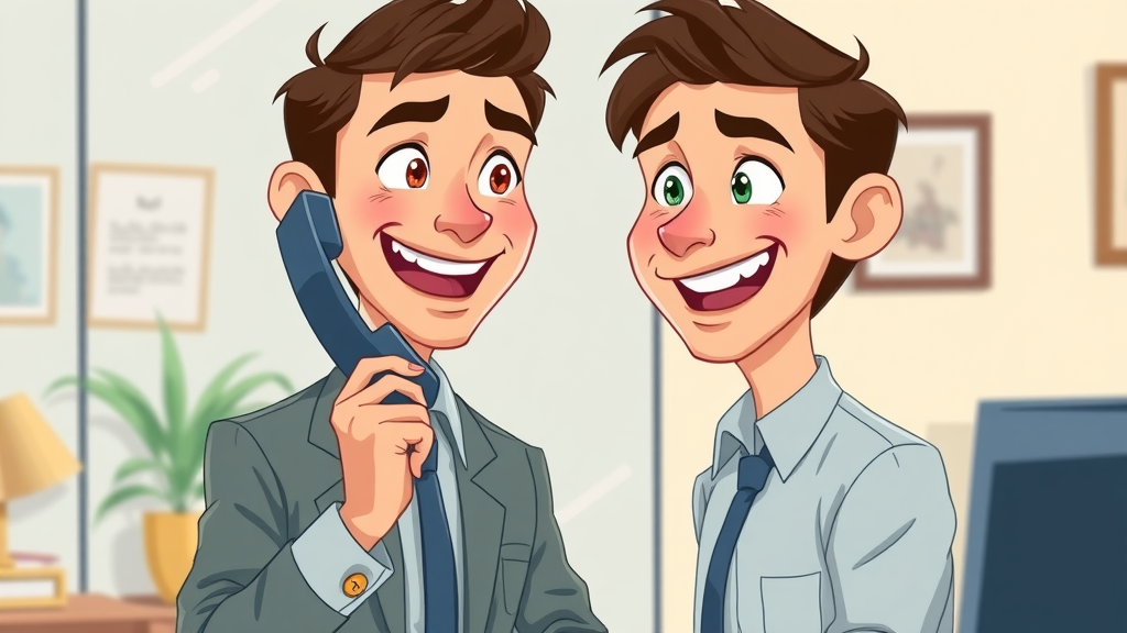 Young sales rep practicing cold call pitch mirror home office