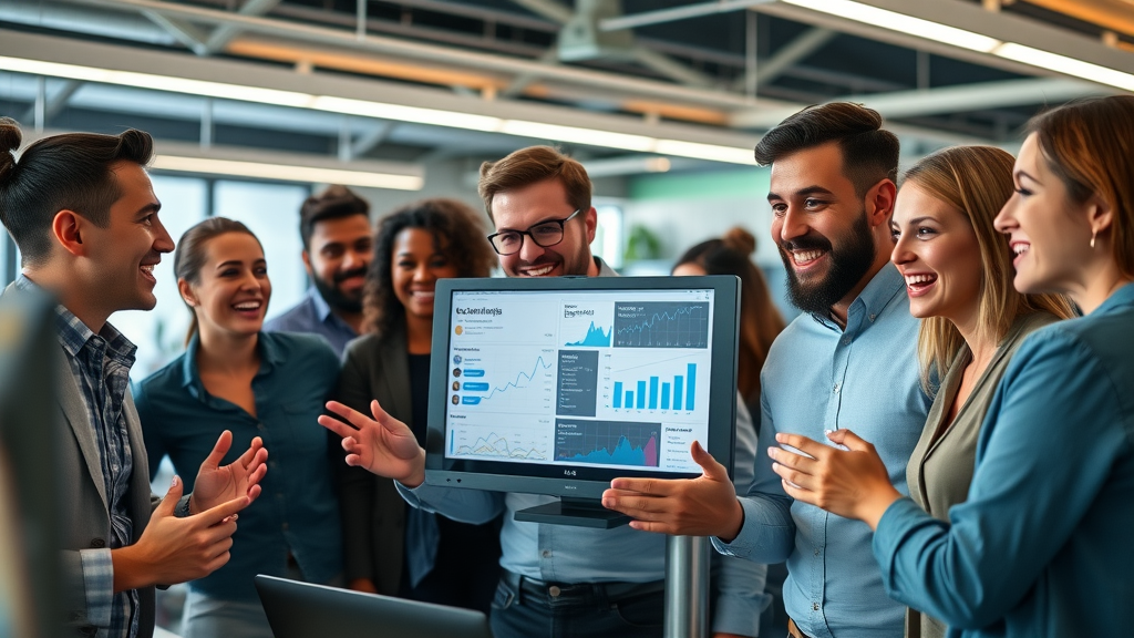SaaS marketing team analyzing social media metrics for brand reputation