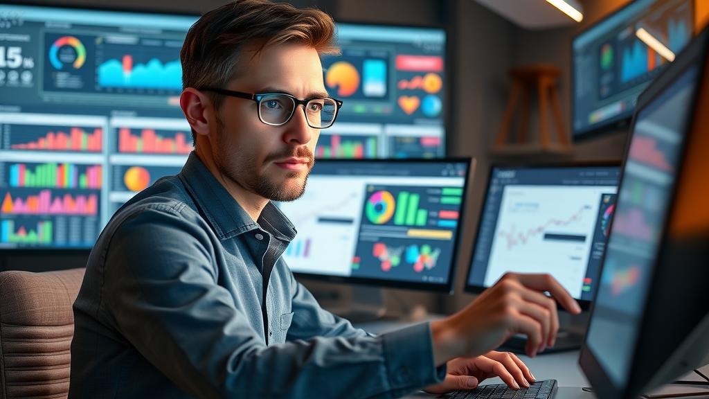 Dedicated B2B marketer managing automated lead nurturing workflows. Colorful workspace with campaign segment icons and dashboards.