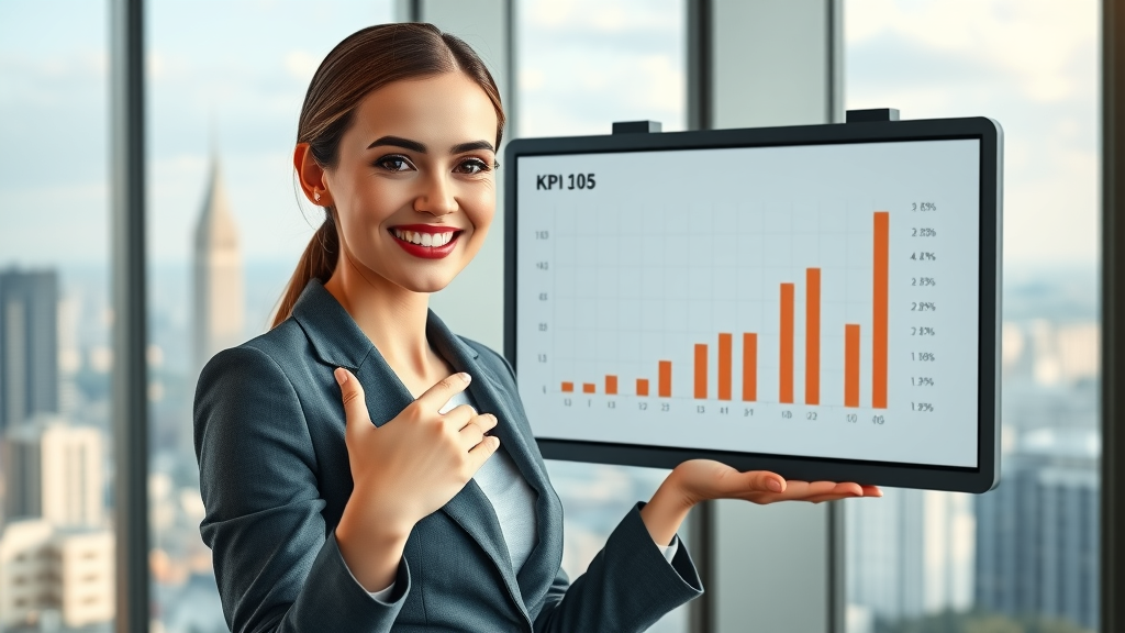 content marketing metric businesswoman presenting KPI metric comparison, modern office, content marketers reviewing