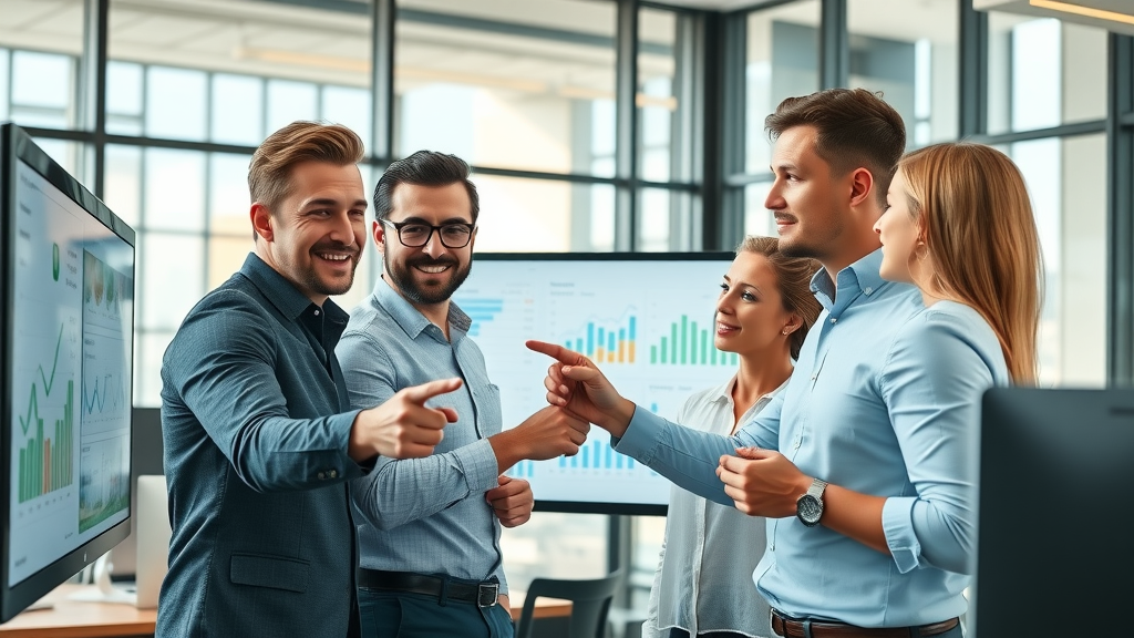 sales funnel optimization team collaborating analytics dashboard modern office