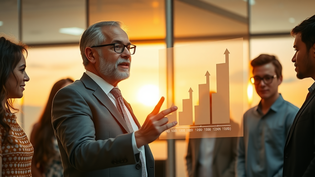 Inspired business leader presenting B2B content marketing growth strategies to a diverse team