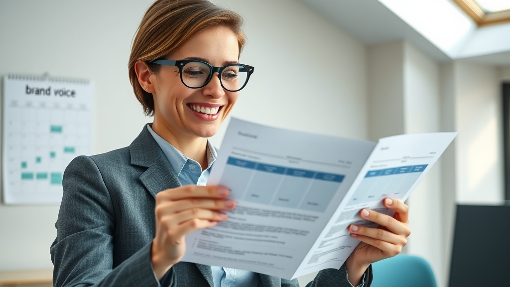 marketing executive reviewing brand voice documentation and guidelines