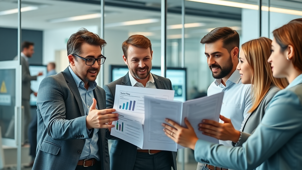 content marketing for B2B - dynamic professionals collaborating on content strategy in a modern office