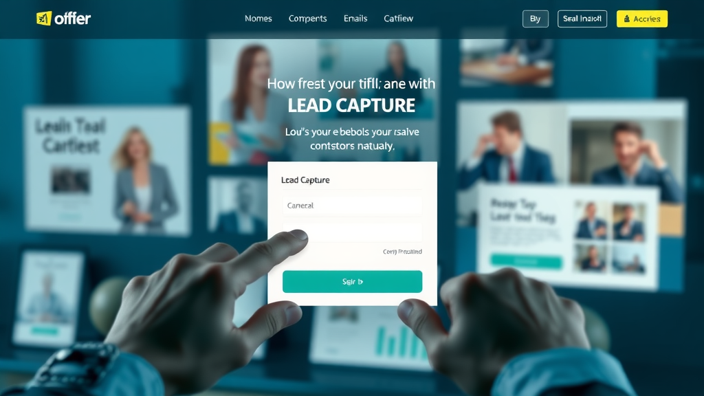 website landing page with inbound marketing lead capture form, digital assets in background
