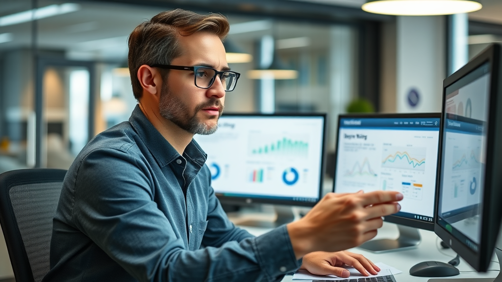 B2B marketing strategies - Marketing analyst reviewing buyer personas and journey maps in a modern office with digital charts and printouts.