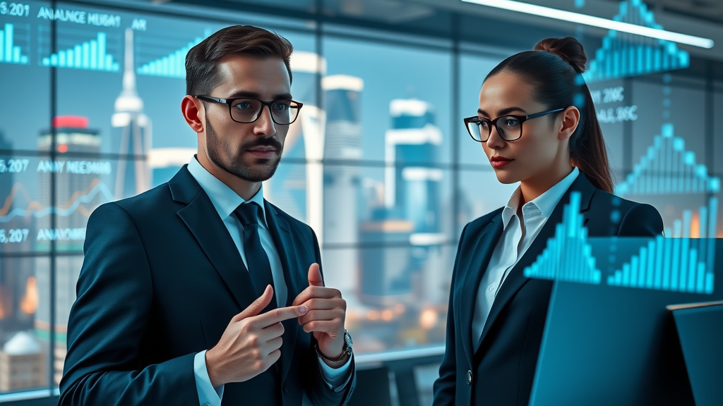 content marketing trends futuristic marketing professionals collaborating high-tech workspace digital analytics city skyline neon charts