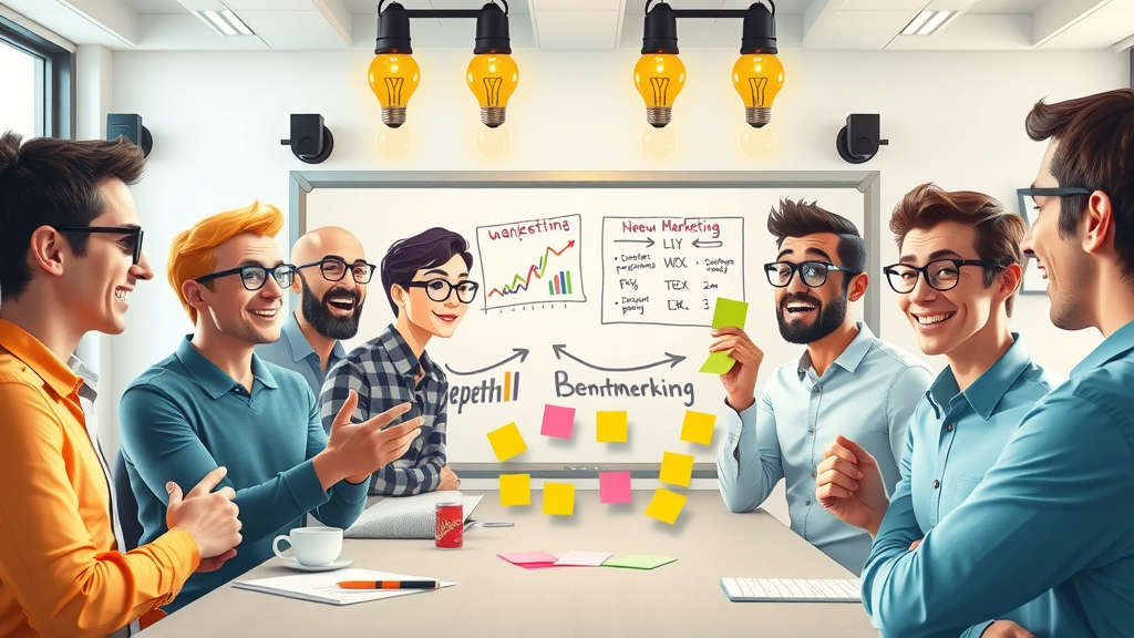content marketer brainstorming with team, brand awareness benchmarking charts, vibrant brainstorming room