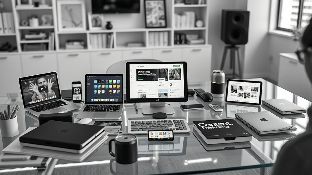 Sleek array of content marketing tech tools organized on a modern table, supporting modern content strategy