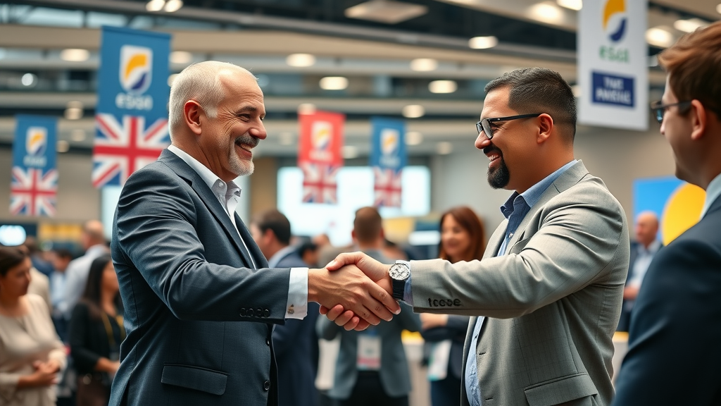 influencer marketing B2B: dynamic industry leaders shaking hands in partnership at global conference