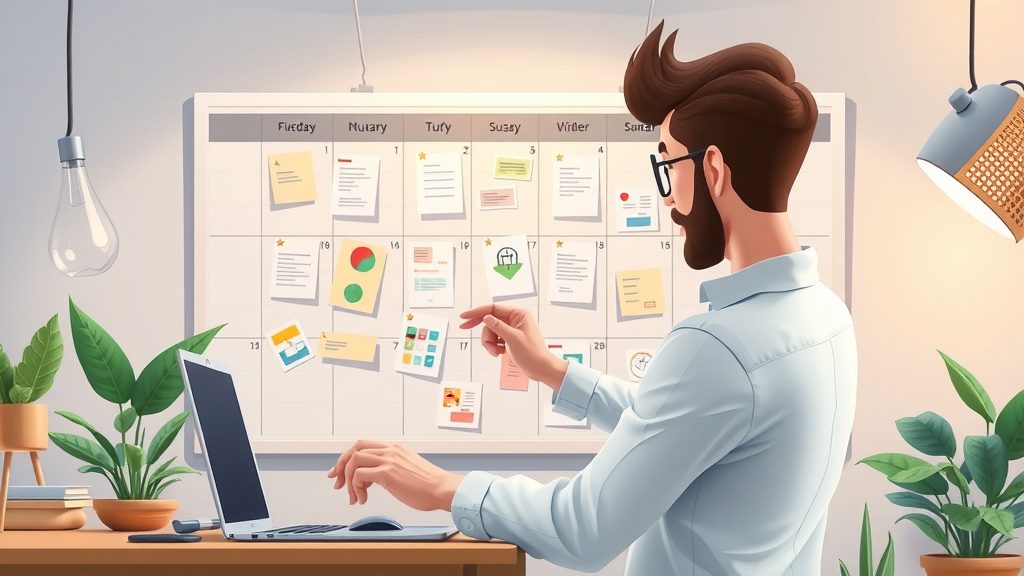 Designer scheduling social media content with posts and notes on calendar, social media content creation