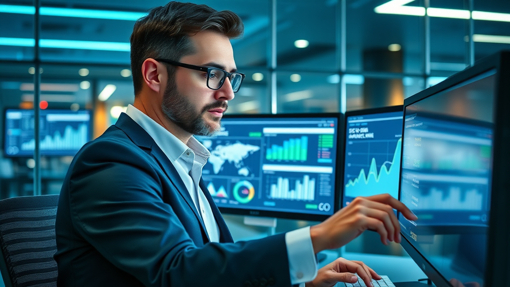 B2B marketing strategies - Marketer reviewing search engine analytics dashboards in a modern glass office with digital overlays.