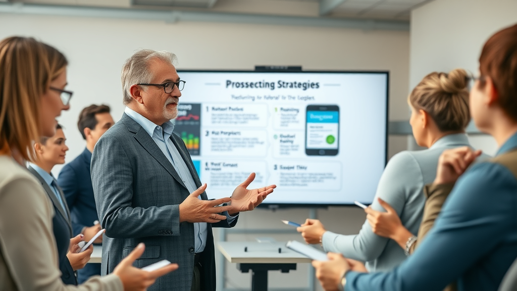 Sales staff training session on prospecting strategies led by an experienced coach with interactive presentation