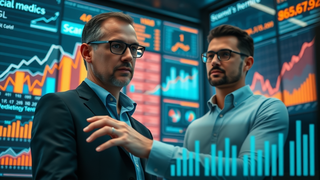 Executives analyzing B2B social media analytics dashboard showing growth charts.