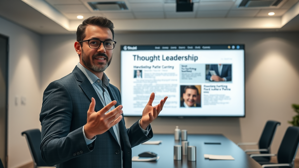 B2B marketing strategies - Business professional presenting industry authority content and research in a modern conference room.