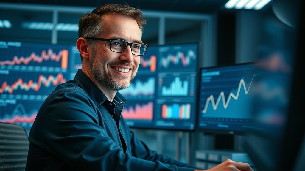 Focused analyst monitoring B2B lead generation results and sales lead analytics for optimization.