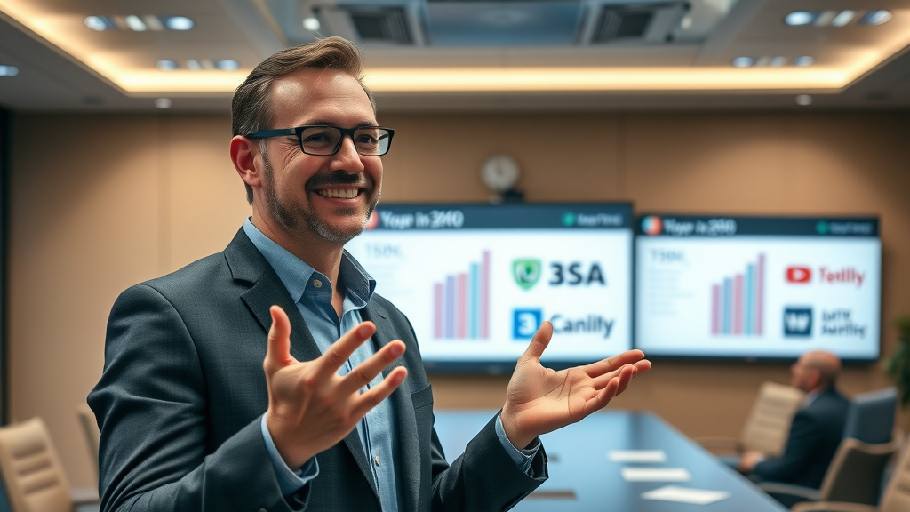Executive presenting successful B2B brand awareness campaign in boardroom