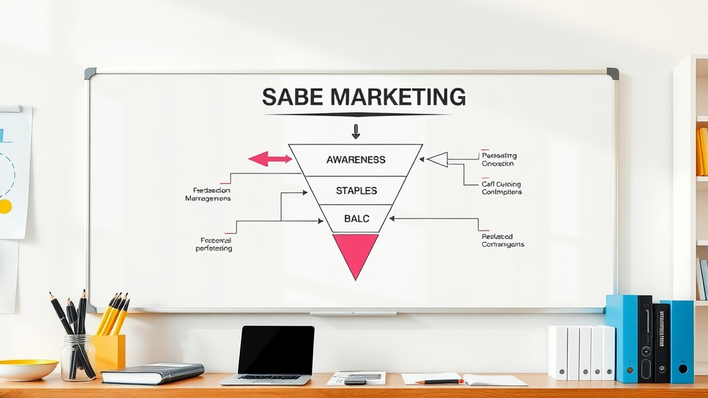 B2B marketing strategies - Diagram showing a B2B sales funnel from awareness to purchase with clear labeled stages and vibrant colors.