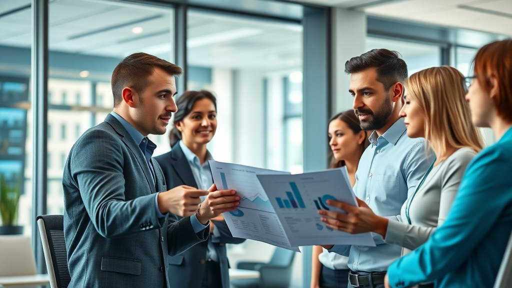 professional B2B marketers in a conference room discussing data charts and B2B brand voice