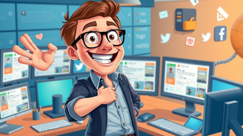 Digital marketer publishing B2B thought leadership content for customer acquisition. Animated workspace with social media feeds and network icons.