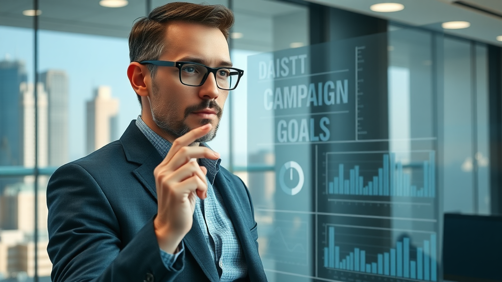 marketing strategist planning campaign objectives for social media advertising; balancing brand awareness, engagement, conversions, ROI