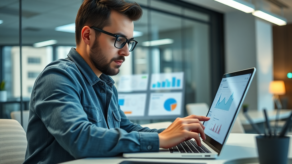ai tools content marketer analyzing dashboard marketing trends in office setting