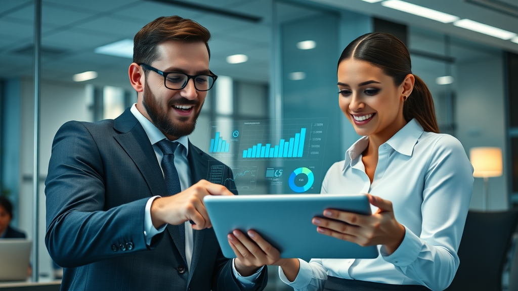 Business professionals reviewing audience engagement data charts and graphs