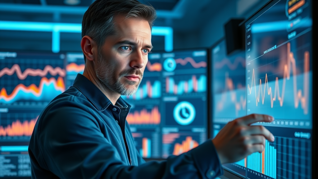 Business analyst reviews interactive content marketing data dashboard for B2B leads, charts glowing in blue analytics room