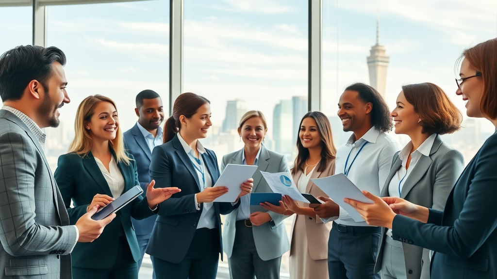 B2B marketing strategies dynamic group of diverse business professionals in a bright conference room, engaged in animated discussion, strategizing with digital devices and charts. Vibrant office skyline in background.