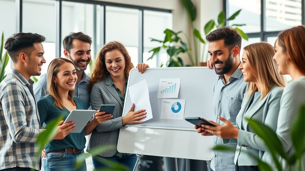 Vibrant digital marketing team collaborating using top content creation tips in a modern office