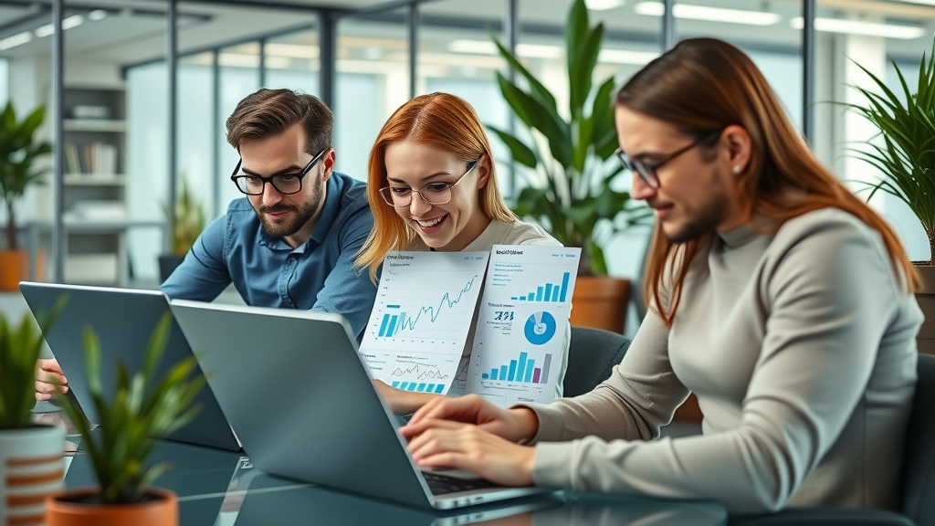 content marketing metrics team analyzing graphs in a modern office, vibrant and collaborative, reviewing marketing metric performance
