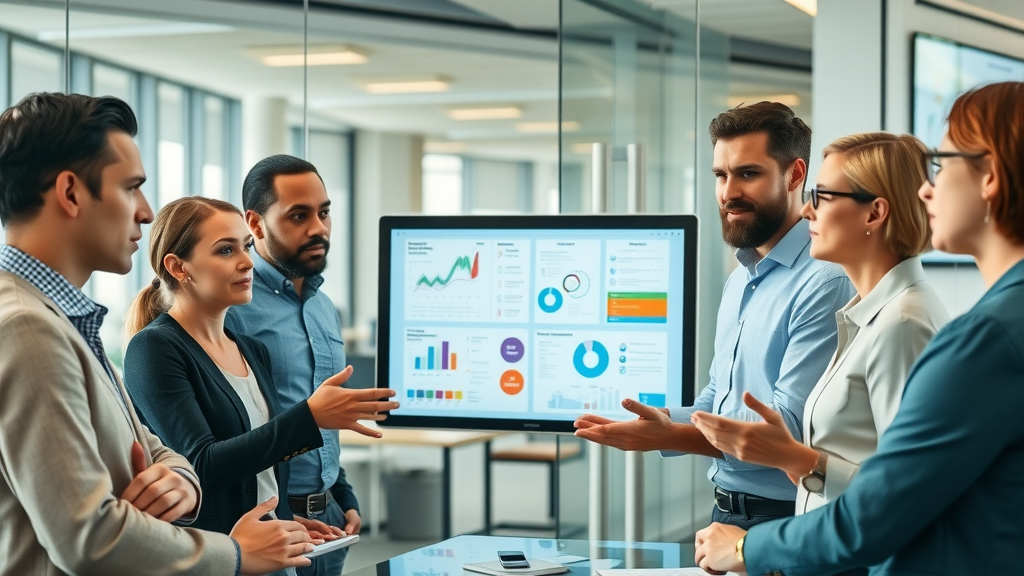 diverse group of B2B decision makers mapping social media audience personas in an office