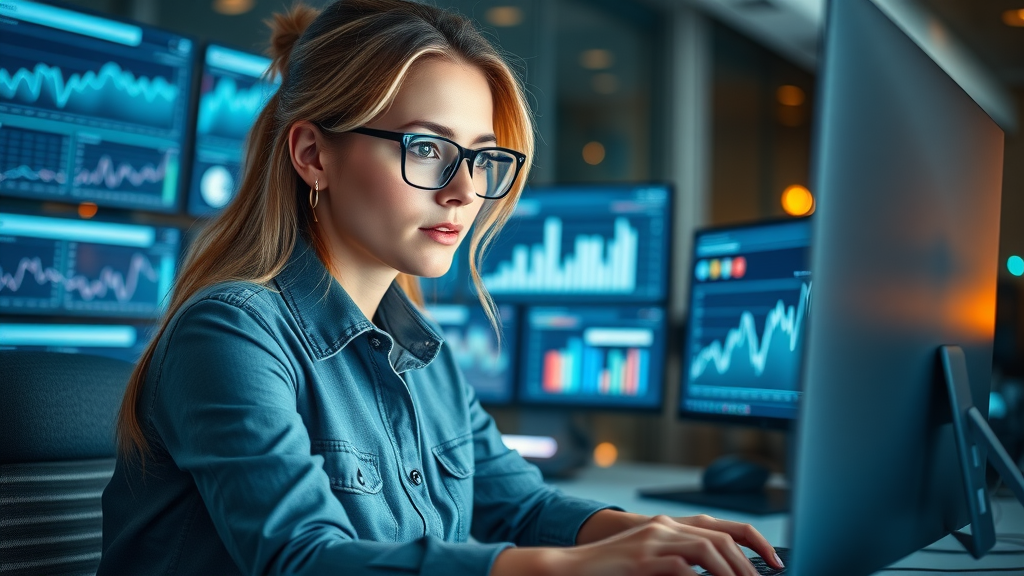 Professional woman using social media analytics for B2B lead generation on multiple digital screens.