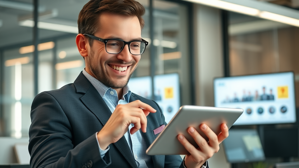Confident businessperson reviewing reputation data on tablet; digital reputation management in action
