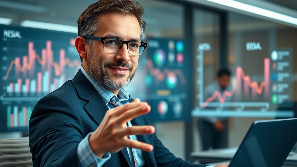 marketing plan: strategic marketing director overseeing integrated campaign and cross-device branding in executive office