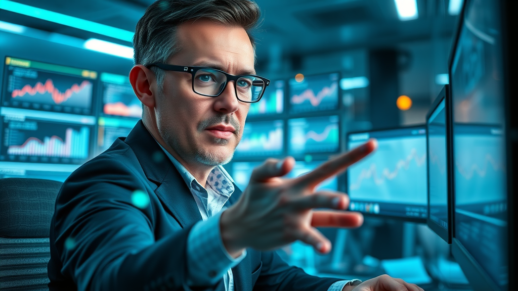 reputation marketing specialist monitoring live brand mentions on digital screens high-tech office
