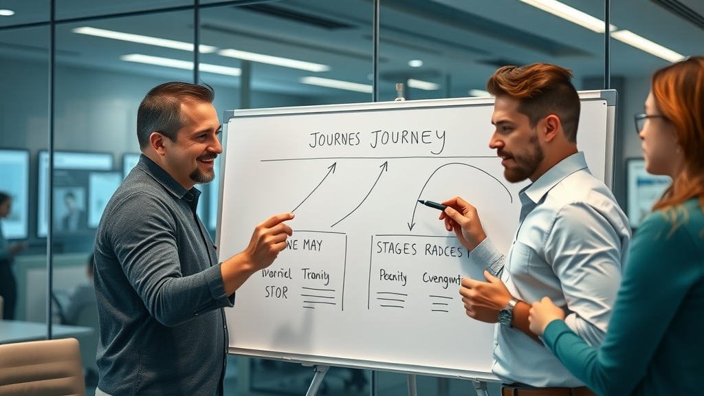Engaged professionals mapping B2B journey stages and touchpoints on whiteboard in modern meeting room