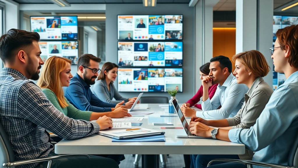 Dynamic marketing team discussing social media content strategy, modern office with social channels displayed on screens, social media strategy