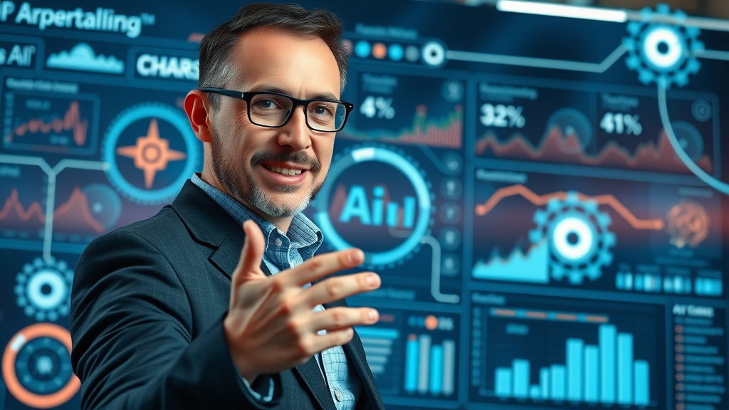Futuristic marketing automation dashboard powering B2B content marketing campaigns, AI tools visible