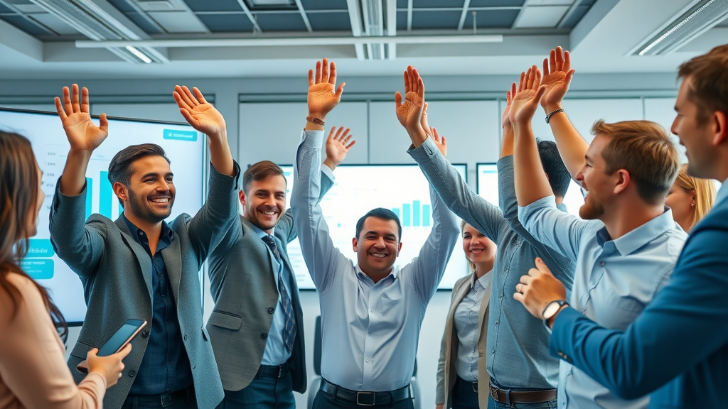 B2B sales team celebrating success with automated lead nurturing