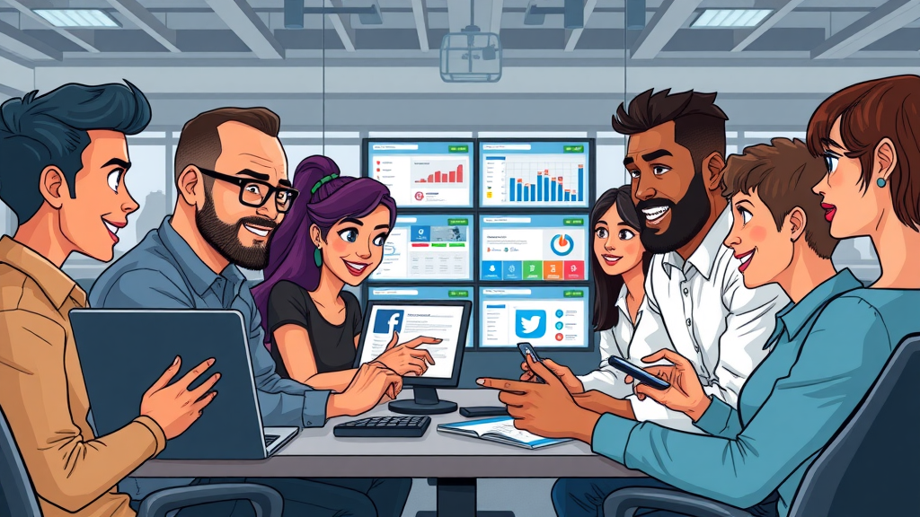 social media: diverse B2B marketing team collaborating and analyzing dashboards for social campaign effectiveness