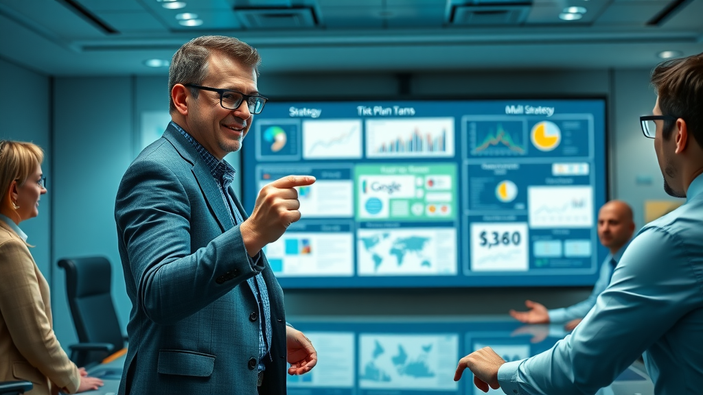 Marketing team presenting integrated SEO content optimization strategy