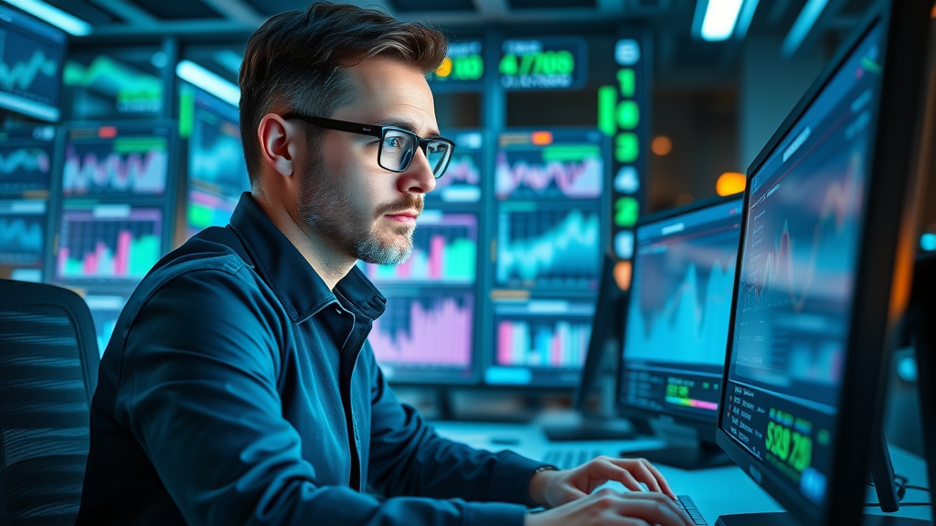 marketing executive monitoring B2B paid social media ad performance on futuristic dashboards