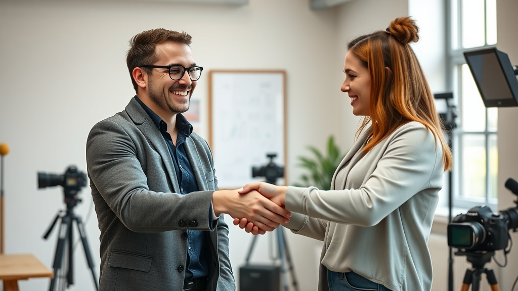Influencer and marketing manager shaking hands, closing collaboration deal, influencer strategy for media marketing