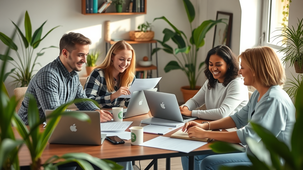 Content marketing professionals brainstorming around laptops, sharing ideas for digital B2B strategies in a vibrant co-working space.