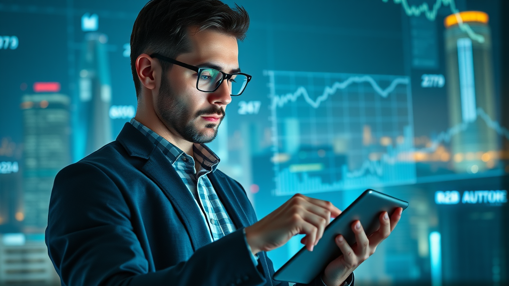 Modern marketing analyst reviewing B2B content marketing performance with holographic campaign results